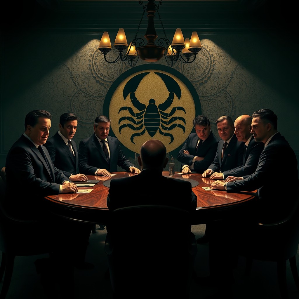 A group of mafia men gathered around an oval table, wearing sleek black suits