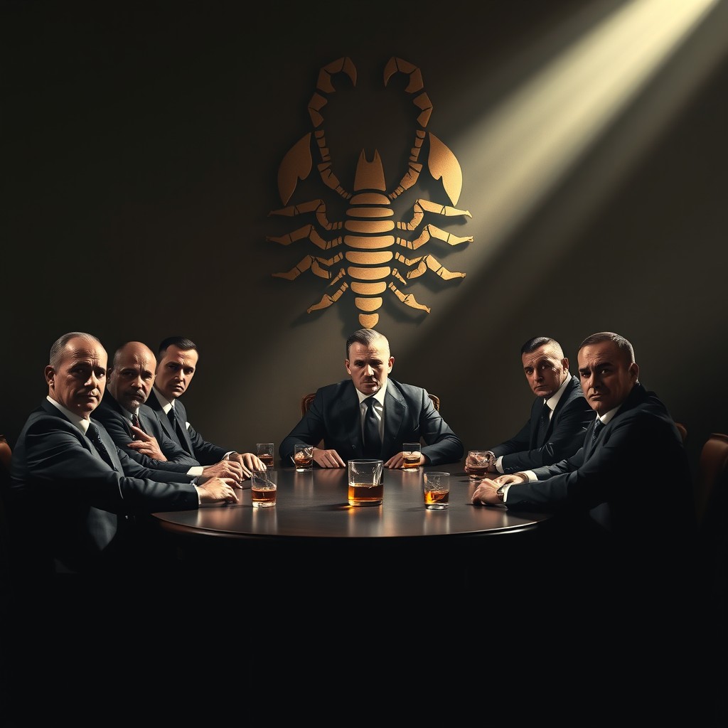 A group of mafia men gathered around an oval table, all dressed in sleek black suits, exuding an air of power and confidence