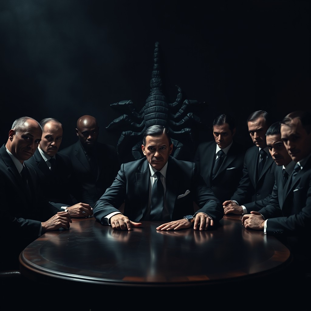 A group of mafia men, dressed in black suits, gathered around an oval table