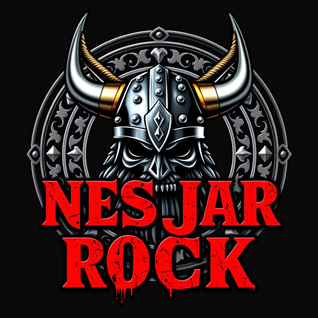 A fierce and bold graphic design featuring a central Viking helmet adorned with metallic accents and prominent horns, exuding an intimidating energy