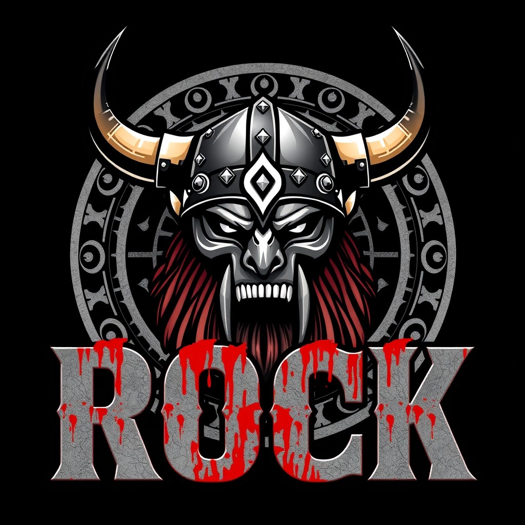 A fierce and bold graphic design featuring a central Viking helmet adorned with metallic accents and prominent horns, exuding an intimidating energy