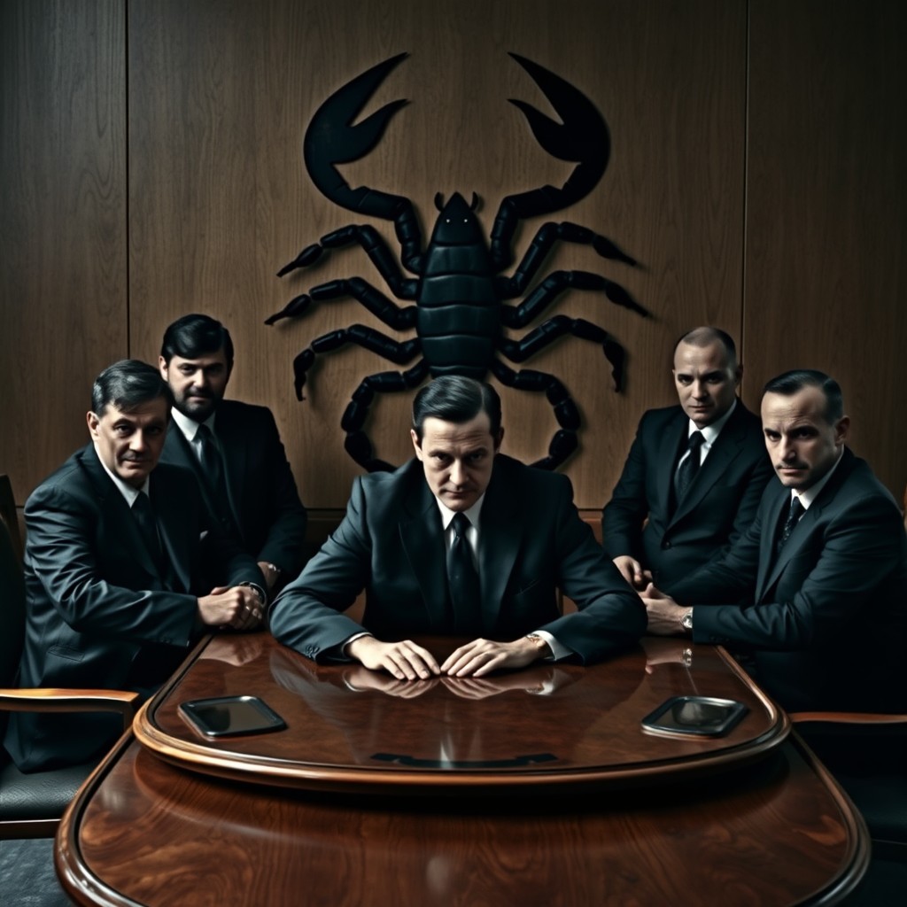 Six mafia men sitting around an oval wooden table, their faces obscured and appearing dark