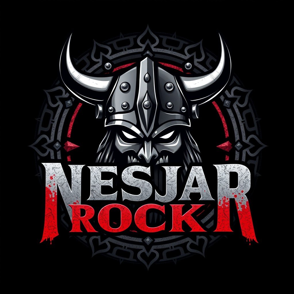 A fierce and bold graphic design featuring a central Viking helmet adorned with metallic accents and prominent horns, exuding an intimidating energy