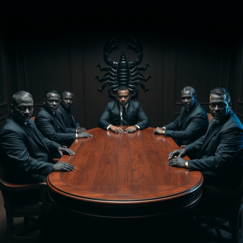 Six mafia men are sitting around an oval wooden table, their faces painted black