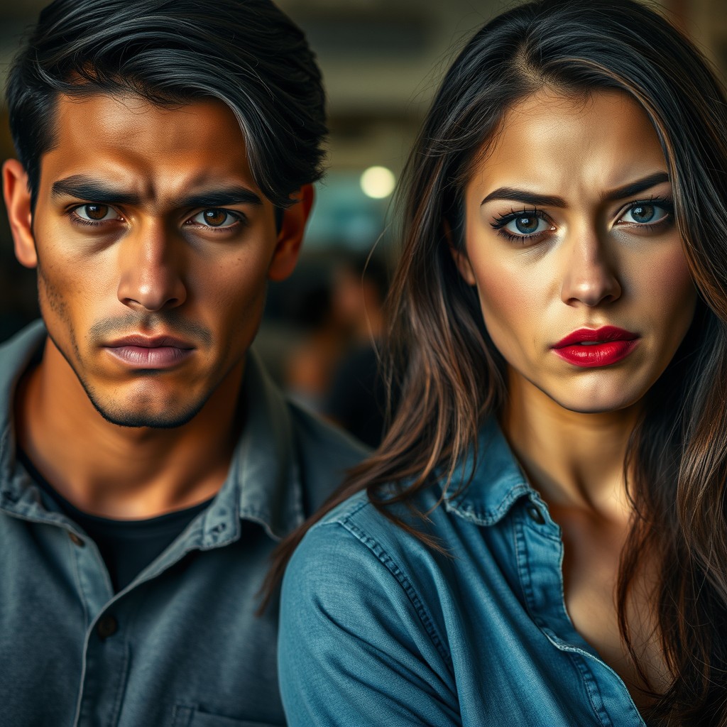 A young Latino man and a young Latina woman in a college setting, embodying the theme of young love infused with mystery