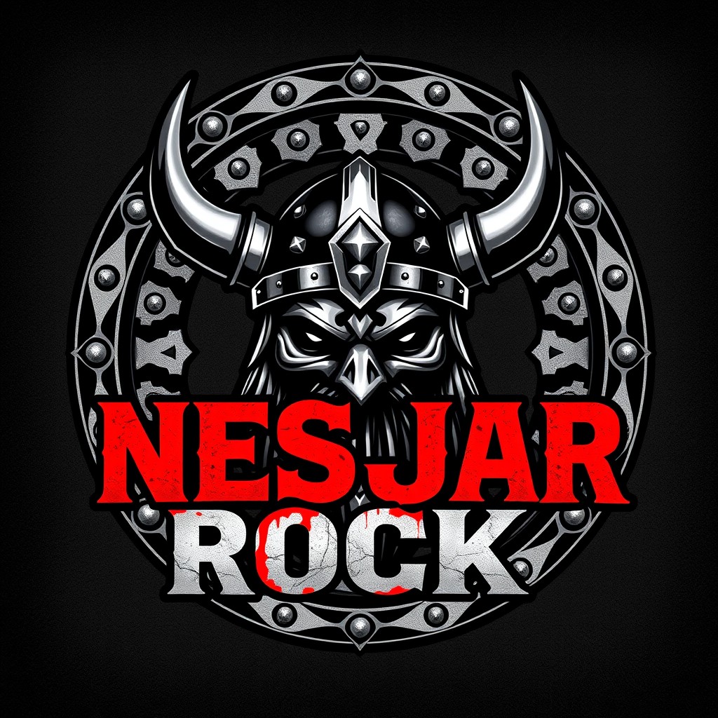 A fierce and bold graphic design featuring a central Viking helmet adorned with metallic accents and prominent horns, exuding an intimidating energy