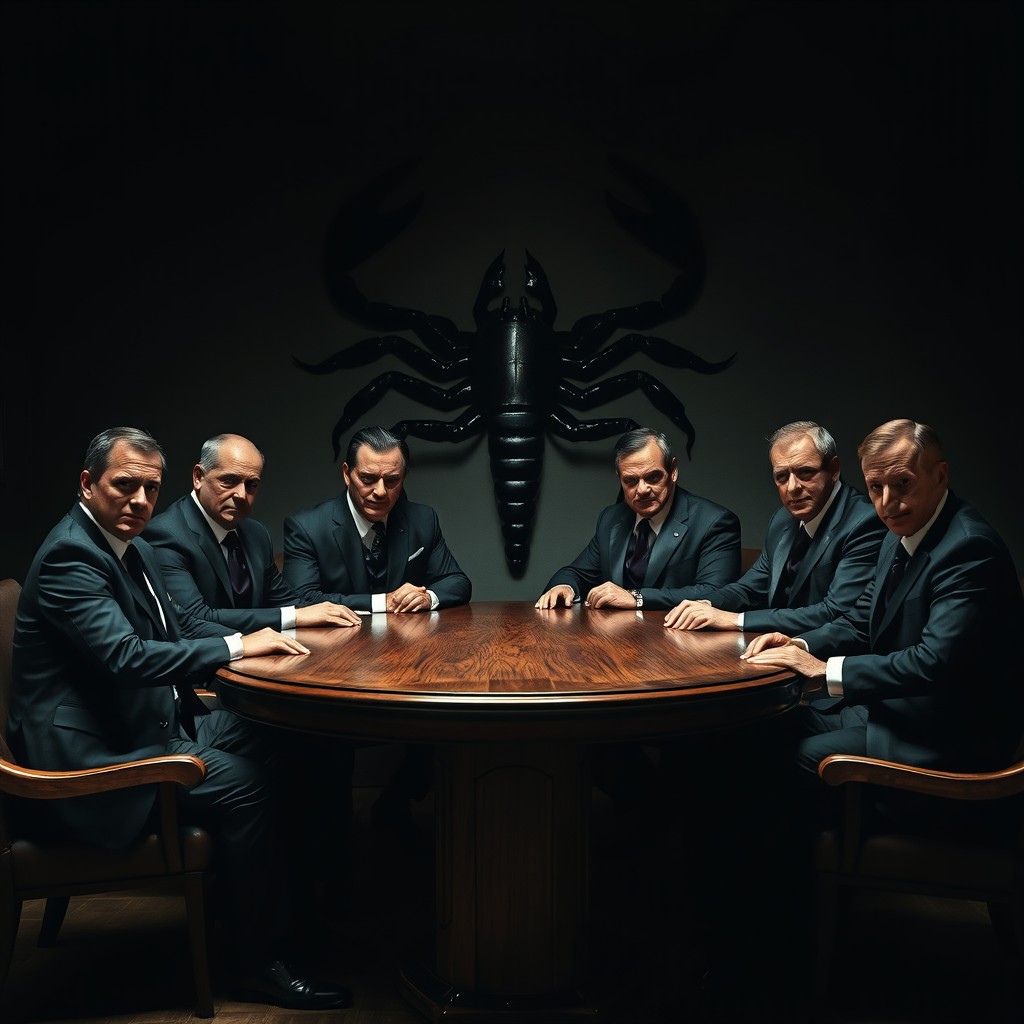 Six mafia men sitting around an oval wooden table
