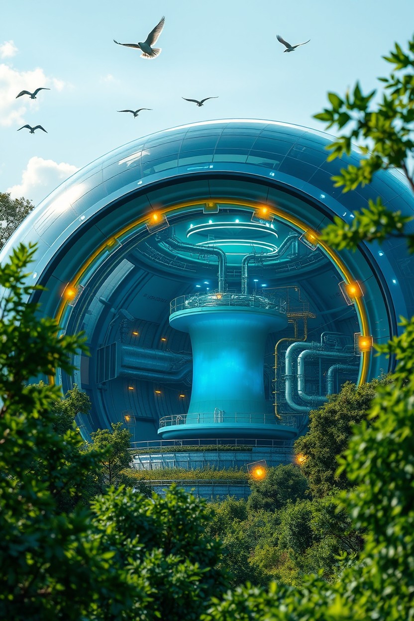 A detailed, visually striking image of a transparent cover encasing a futuristic nuclear energy facility
