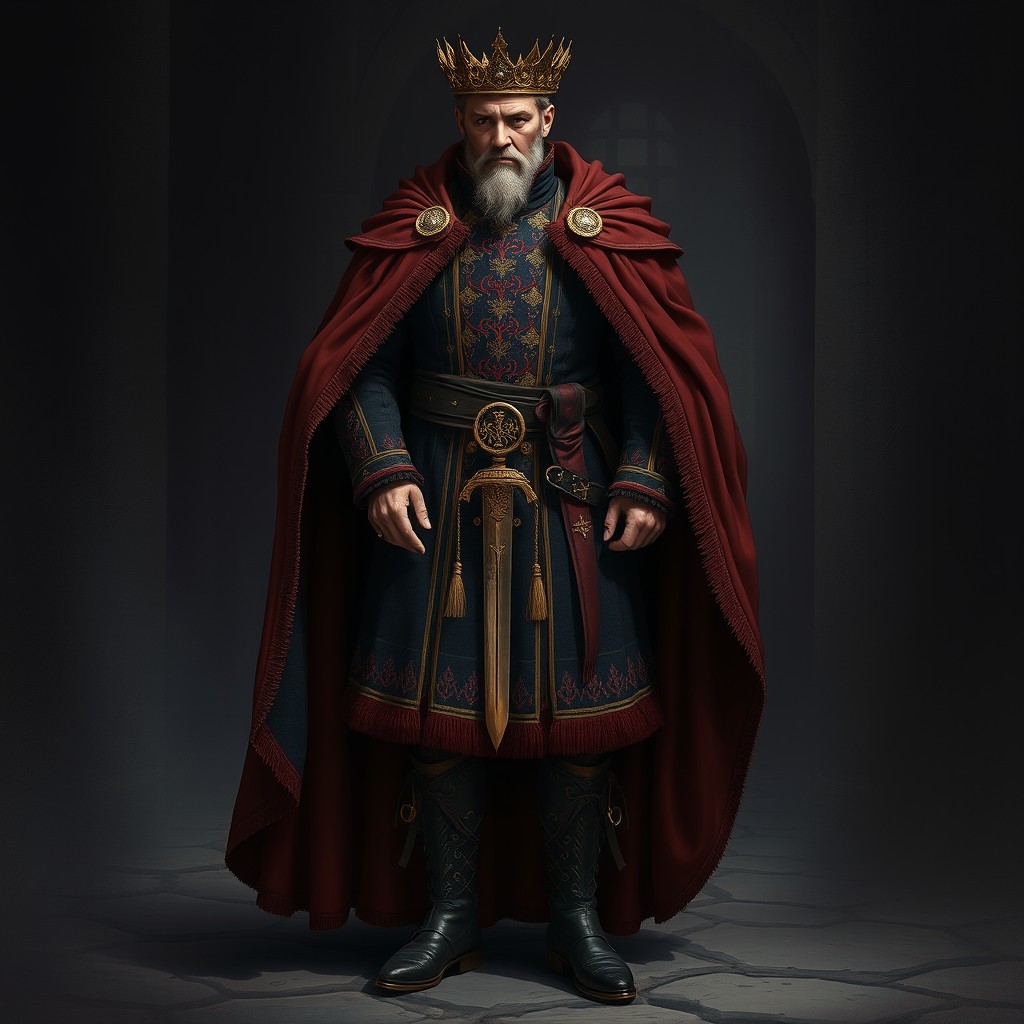 A detailed costume design inspired by Shakespeare's Macbeth, featuring a regal Scottish nobleman's attire