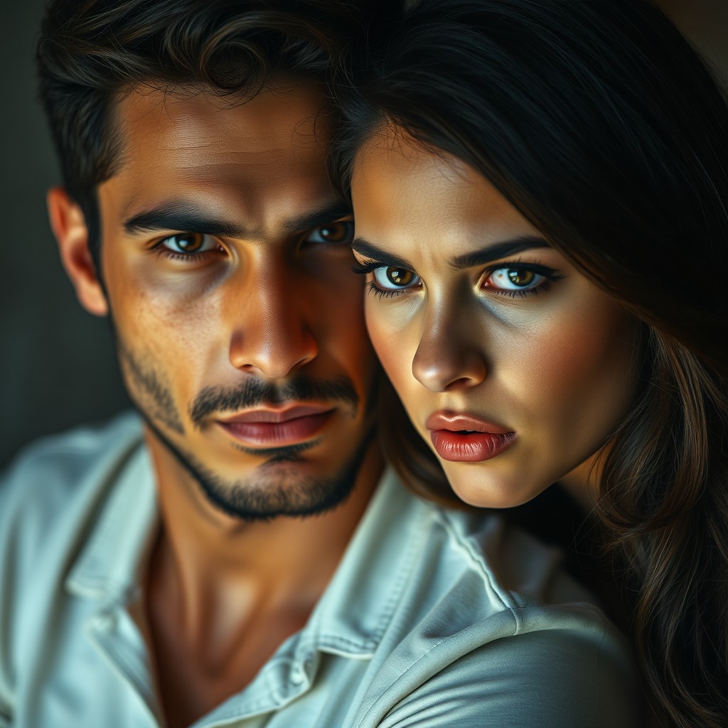 A young Latino man without a beard and a young Latina woman, both with brunette hair, capture the essence of young love mixed with mystery