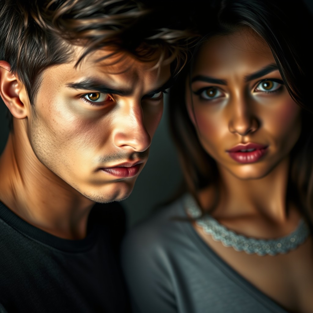 A young Latino man and a young Latina woman, both with brunette hair, embody the essence of young love mixed with an air of mystery