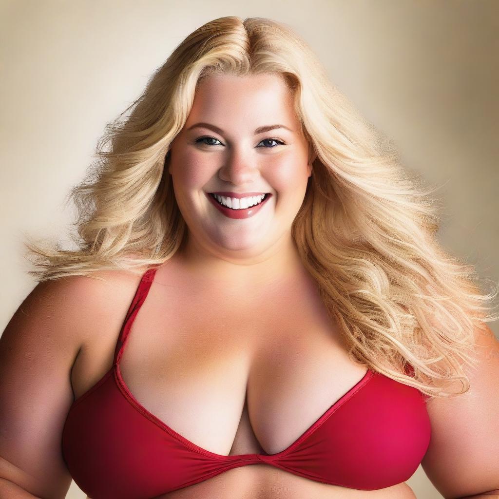 A full-color, high-quality photograph of a plus-size blonde woman wearing a red bikini