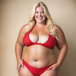 A full-color, high-quality photograph of a plus-size blonde woman wearing a red bikini