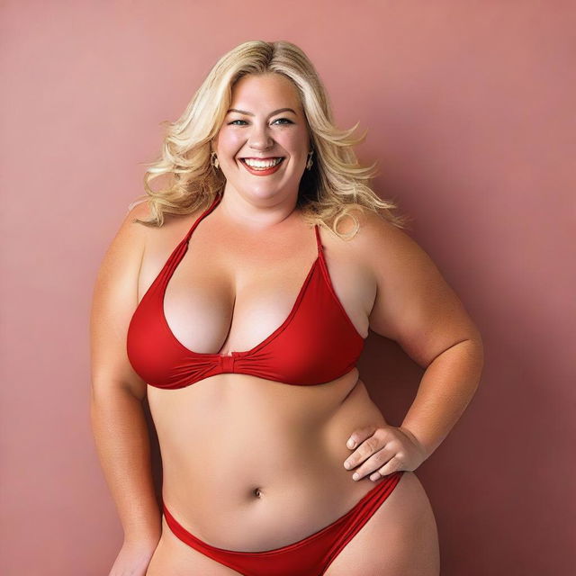 A full-color, high-quality photograph of a plus-size blonde woman wearing a red bikini