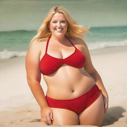 A full-color, high-quality photograph of a plus-size blonde woman wearing a red bikini