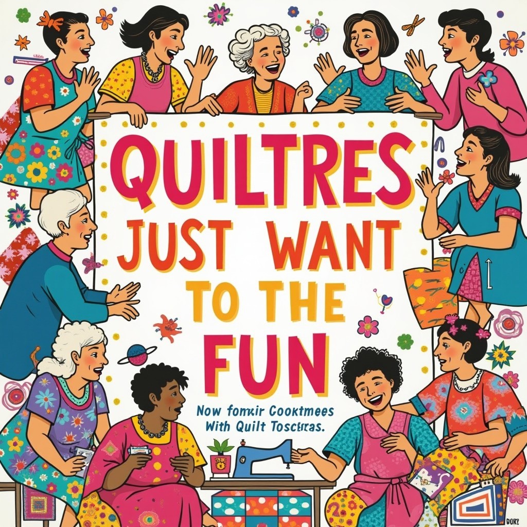A lively and colorful book cover design for a humor book titled 'QUILTRES JUST WANT TO HAVE FUN'