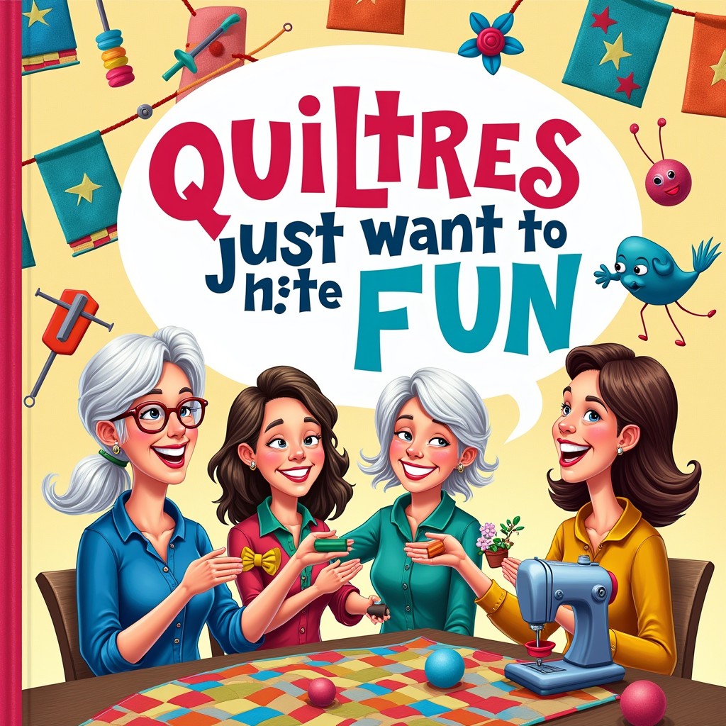 A 6"x9" colorful and engaging book cover design for a humor book titled 'QUILTRES JUST WANT TO HAVE FUN'