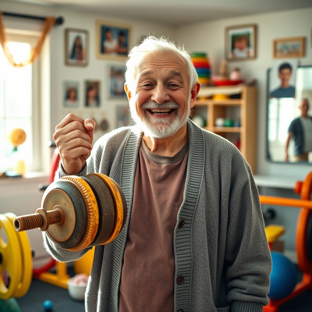 An elderly man, characterized as a friendly and playful granddad, holding a rusty brown barbell with a whimsical expression on his face