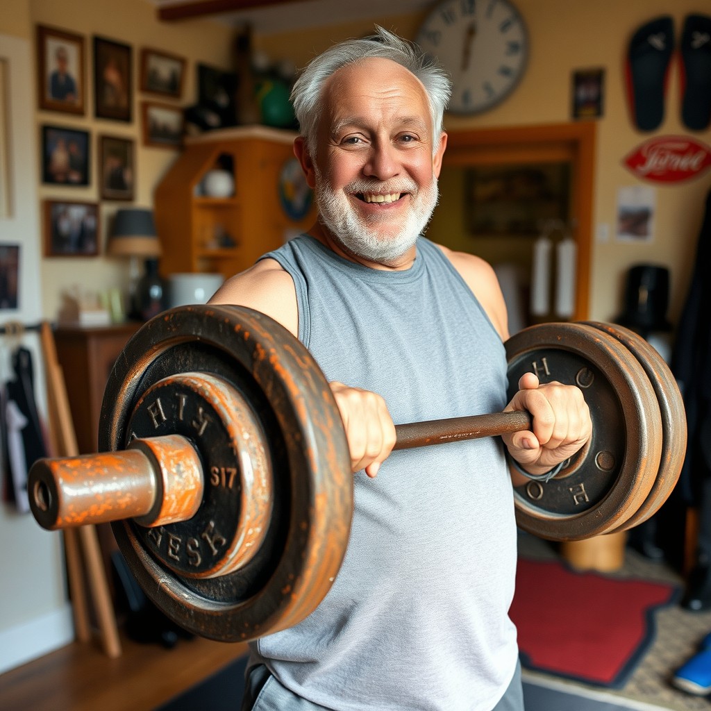 An elderly man, affectionately known as 'Grandad,' proudly shows off a vintage, weathered, and rusty brown barbell in a cozy home gym setting