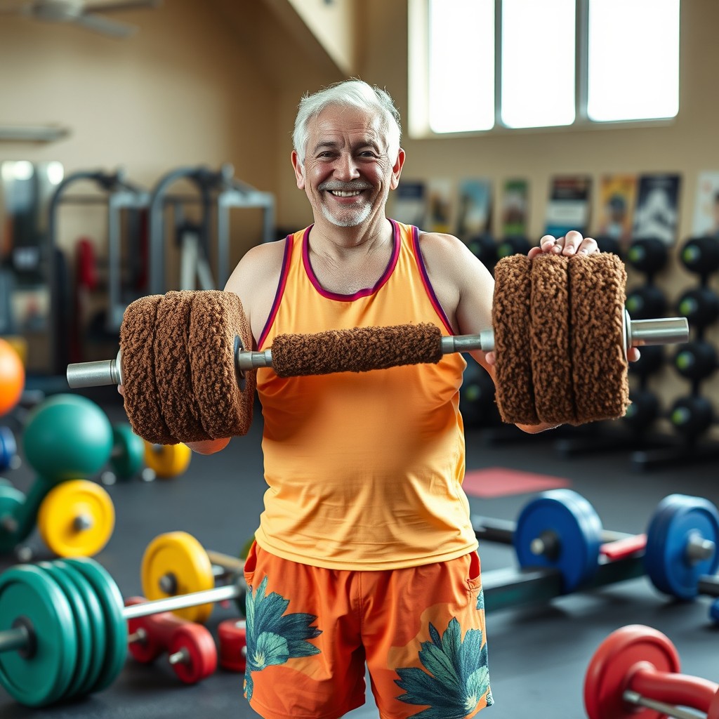 An elderly man with a jovial expression stands proudly displaying a unique barbell, humorously crafted to resemble a whimsical creation