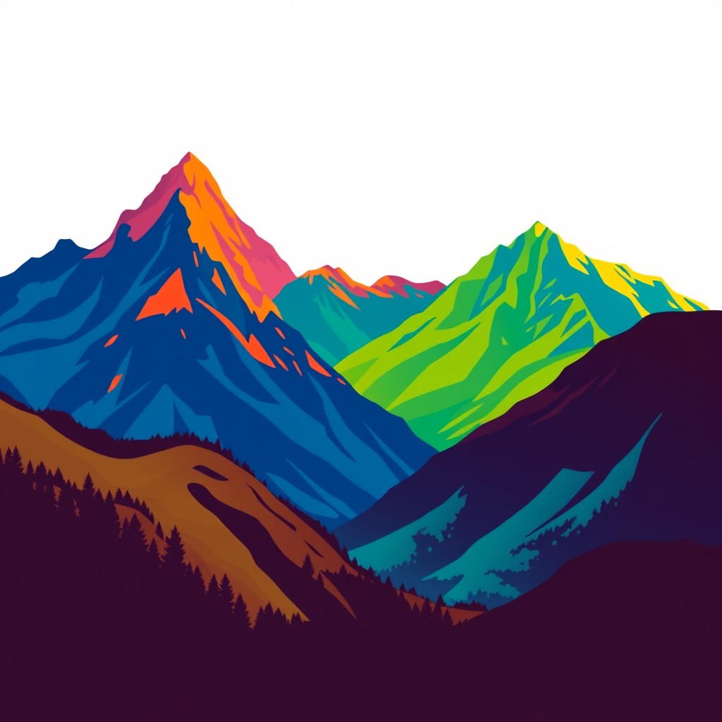 A vibrant and colorful mountain silhouette designed for a men's t-shirt