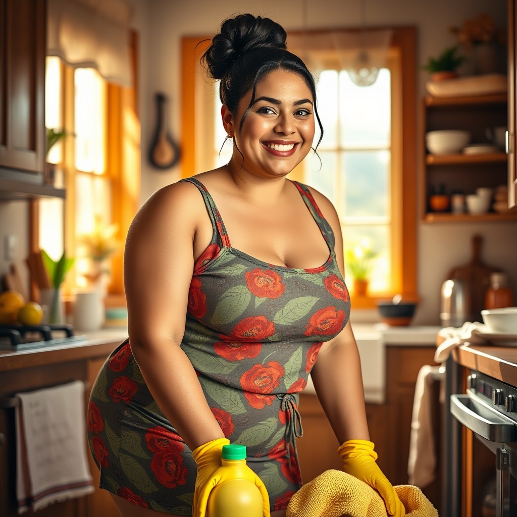 A curvy woman with a full figure and a wide mouth, depicted in the act of cleaning