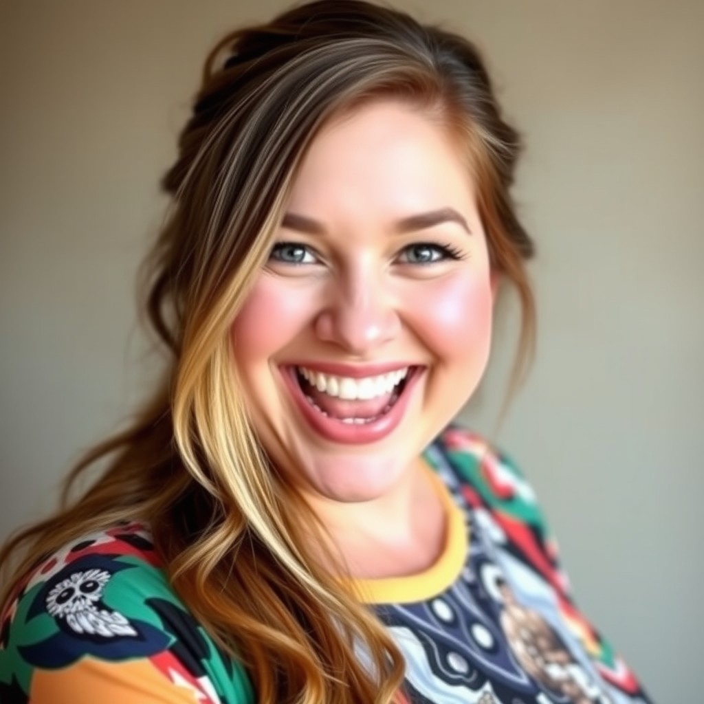 A woman with a full figure and a wide mouth, showcasing her expressive features