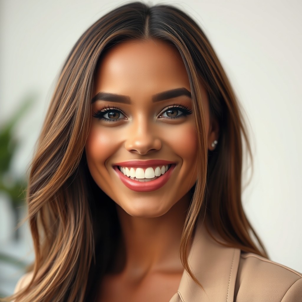 A woman with unique features: prominent gap-toothed smile and full, voluminous lips, showcasing a captivating expression