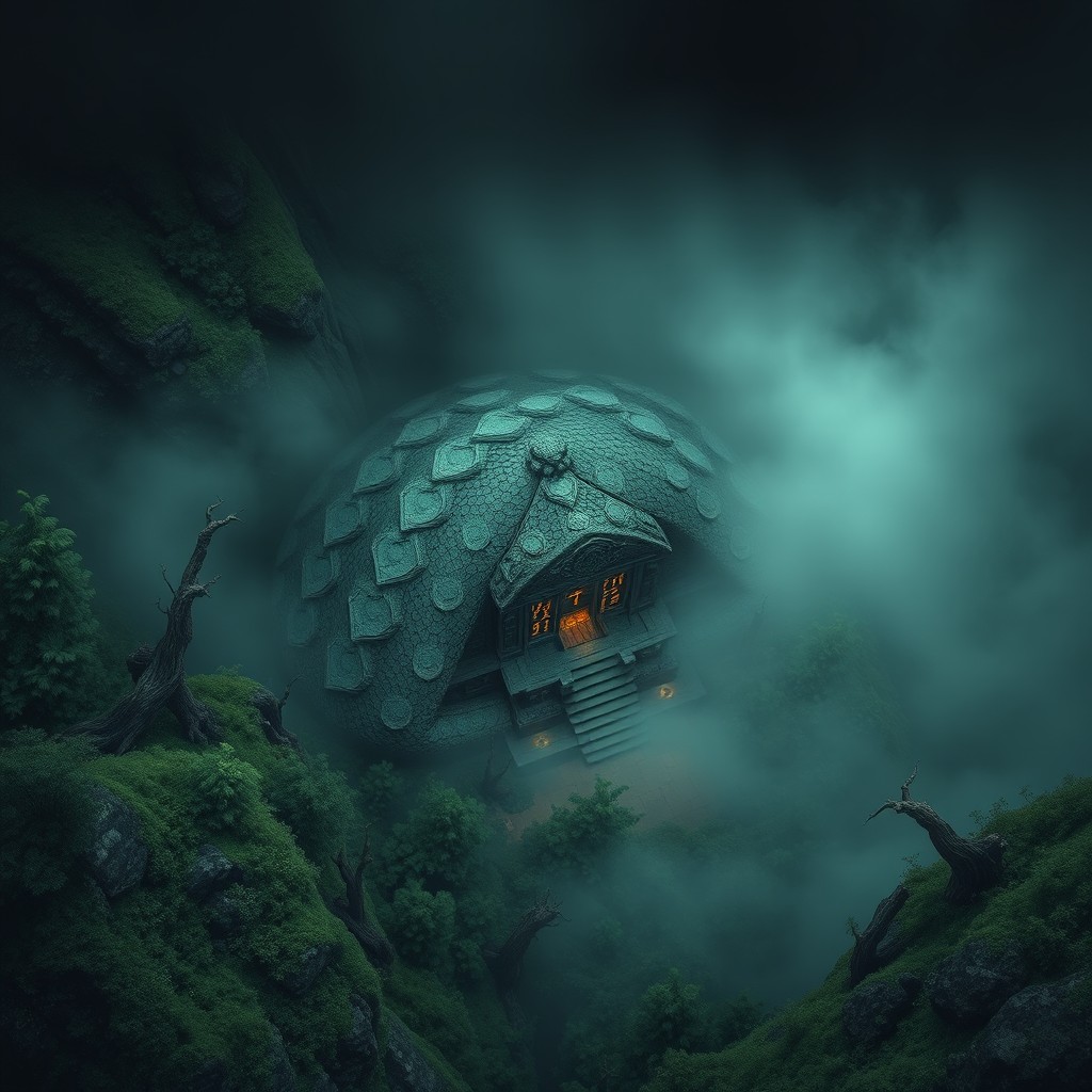 An aerial top-down view of an evil snake temple nestled in the dark, mystical shadowfell of a jungle, situated partway up a mountainous terrain