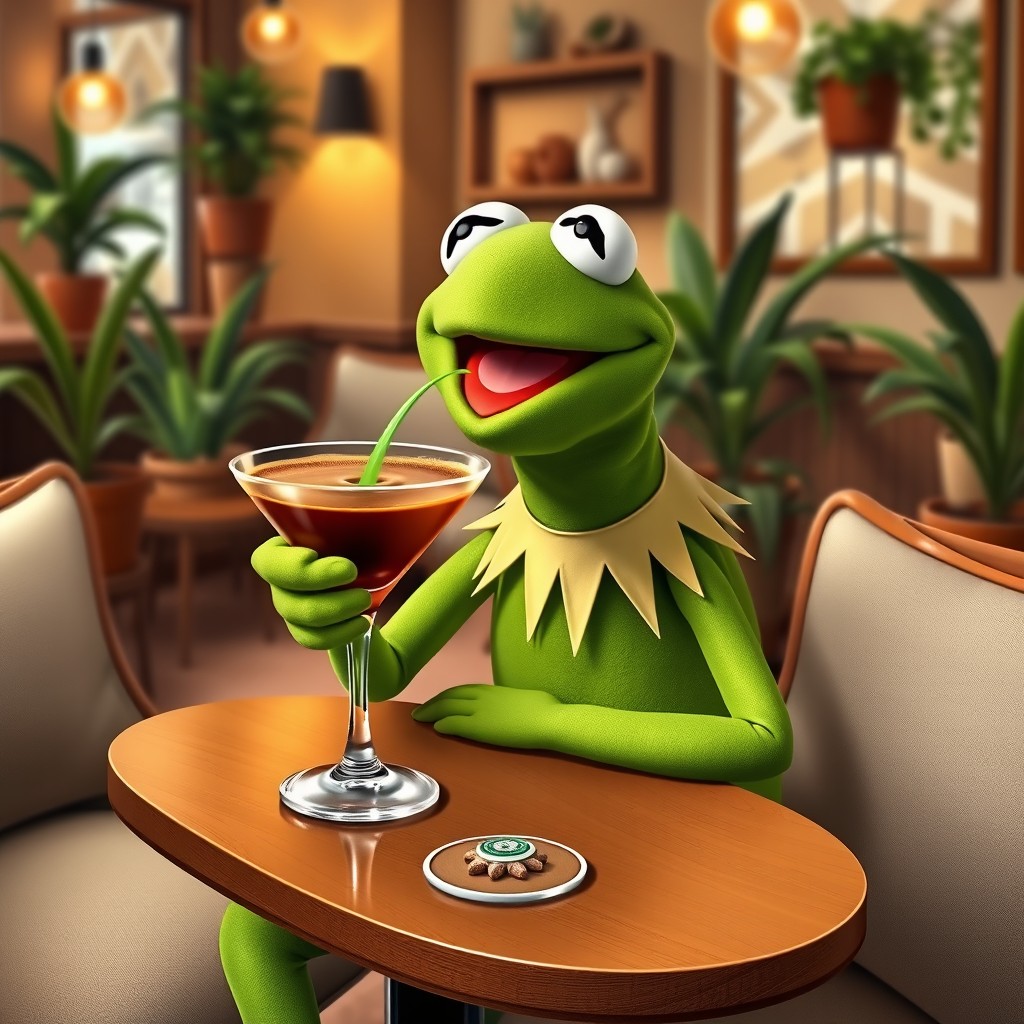 A whimsical scene featuring Kermit the Frog, sitting at a stylish café table