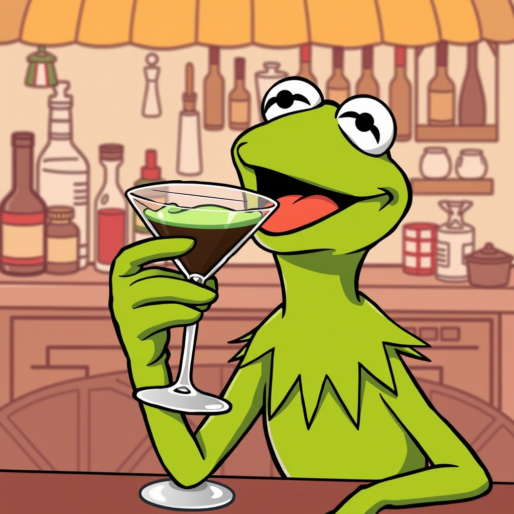 A playful illustration of Kermit the Frog enjoying an espresso martini, which has a delightful green foam on top