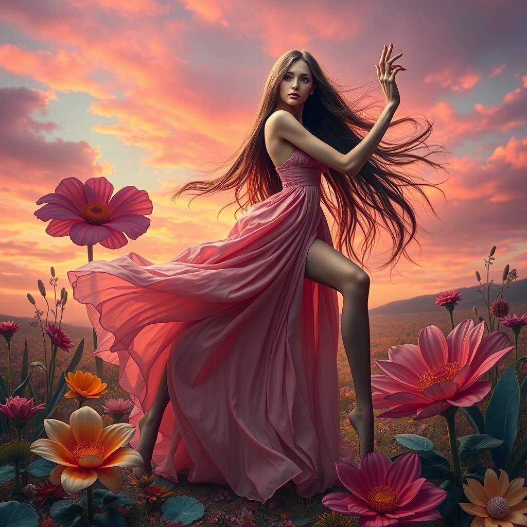 A striking and artistic portrayal of a woman with six legs, elegantly posed in a dynamic dance-like position