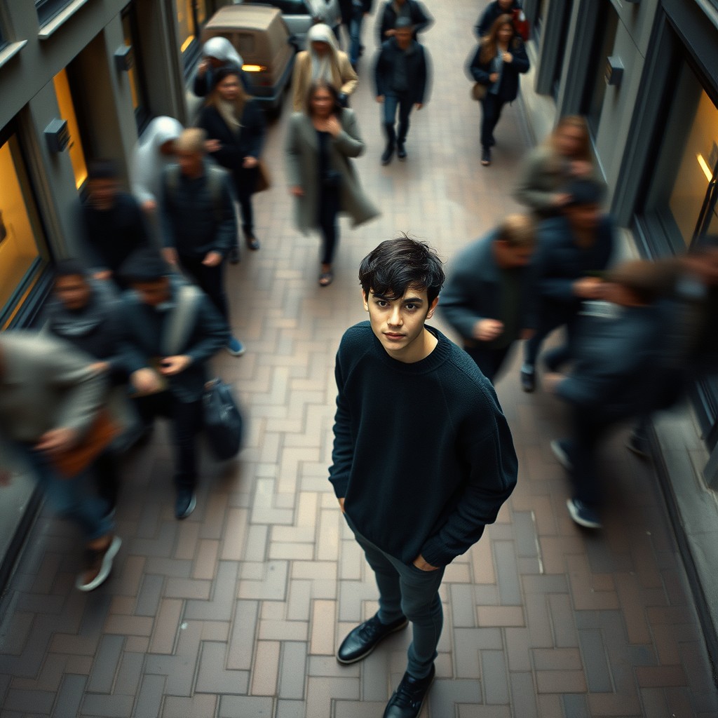 An overhead shot of a young adult standing still on a brick city sidewalk, wearing a dark oversized sweater