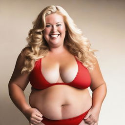 This is a high-quality, full-color photograph of a plus-size blonde woman, who is a mother, dressed in a vibrant red bikini