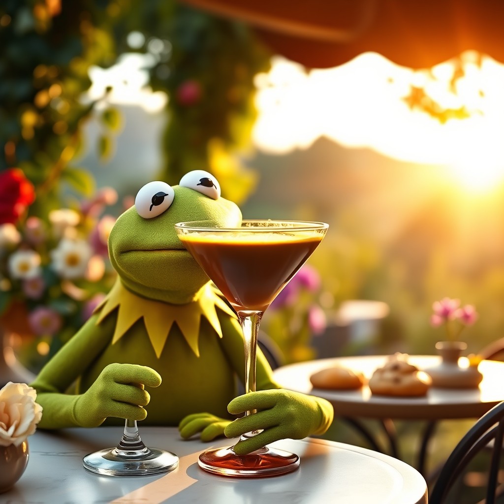 A delightful morning scene featuring Kermit the Frog enjoying an espresso martini served in an elegant coupe glass, topped with a vibrant green foam
