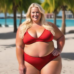 This is a high-quality, full-color photograph of a plus-size blonde woman, who is a mother, dressed in a vibrant red bikini