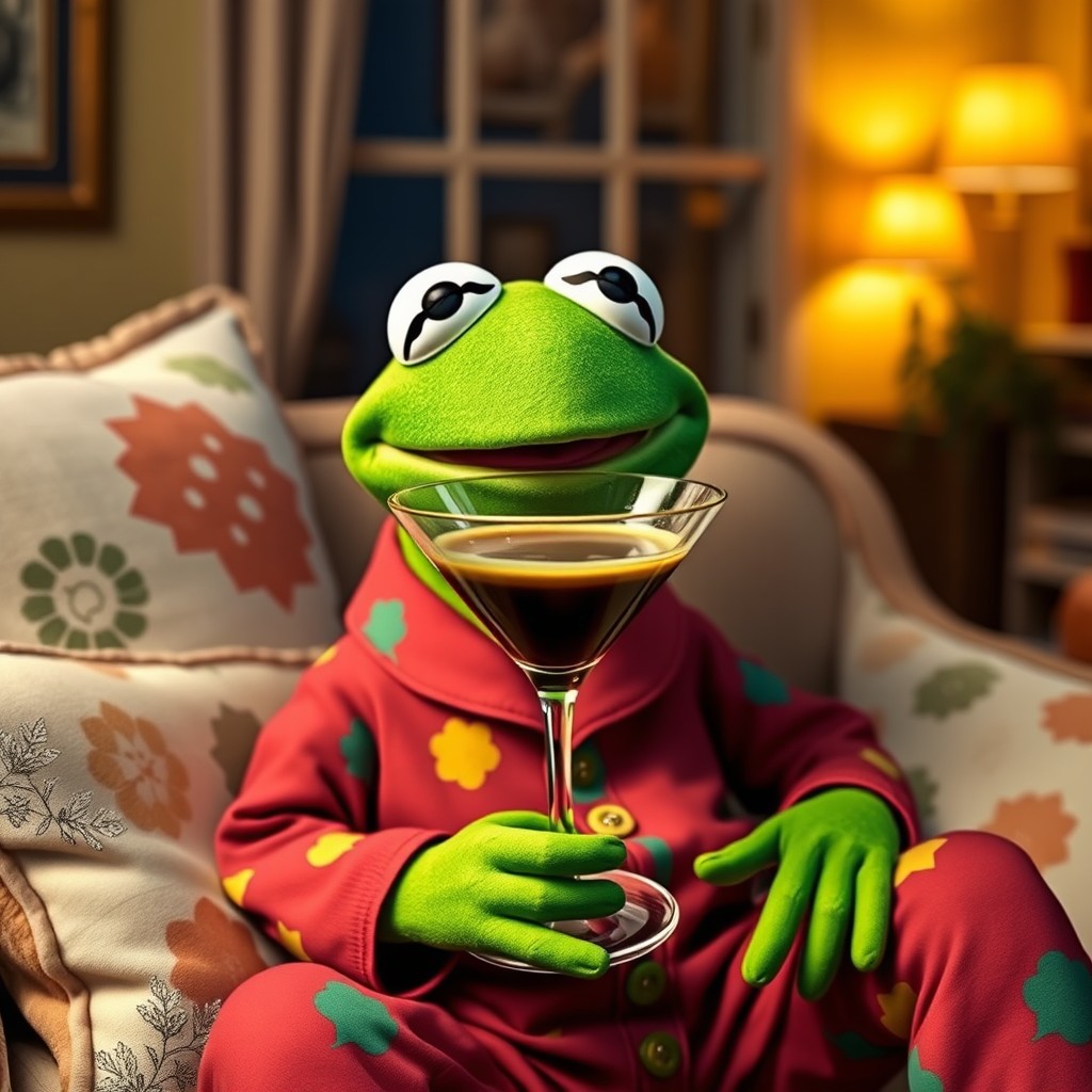 A whimsical scene featuring Kermit the Frog comfortably dressed in colorful pajamas, joyfully sipping an espresso martini presented in a stylish coupe glass topped with vibrant green foam