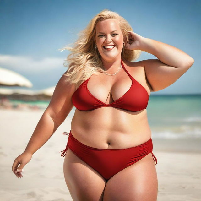 This is a high-quality, full-color photograph of a plus-size blonde woman, who is a mother, dressed in a vibrant red bikini