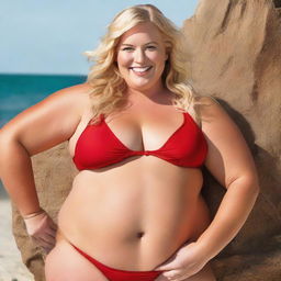 This is a high-quality, full-color photograph of a plus-size blonde woman, who is a mother, dressed in a vibrant red bikini