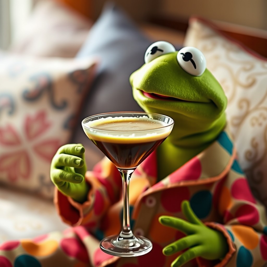 A playful scene featuring Kermit the Frog dressed in colorful pajamas, happily sipping an espresso martini served in a stylish coupe glass adorned with a vibrant green foam on top