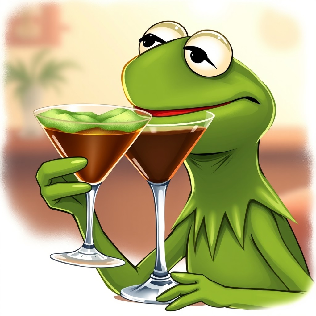 A charming illustration of Kermit the Frog elegantly sipping an espresso martini that features a delightful green foam on top