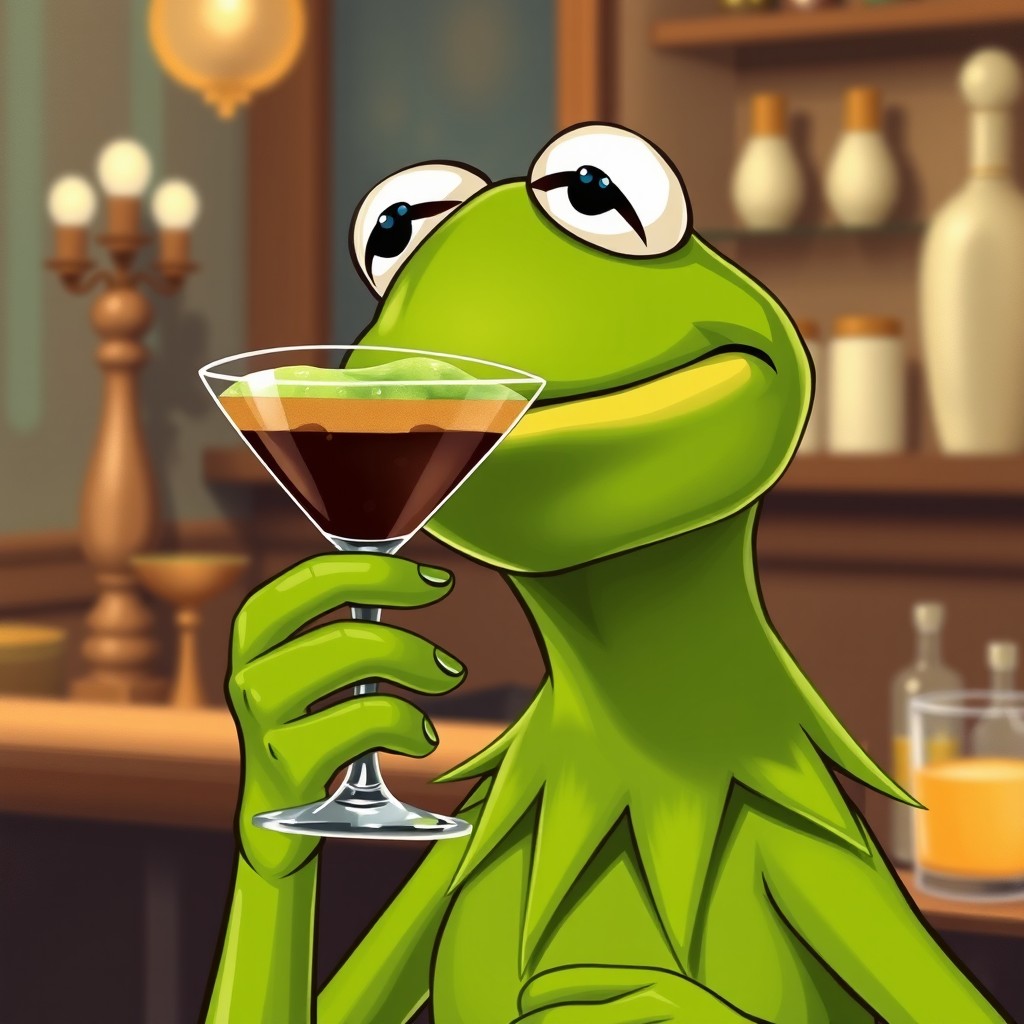 A delightful illustration of Kermit the Frog savoring an espresso martini, featuring a luscious green foam topping in a chic coupe glass