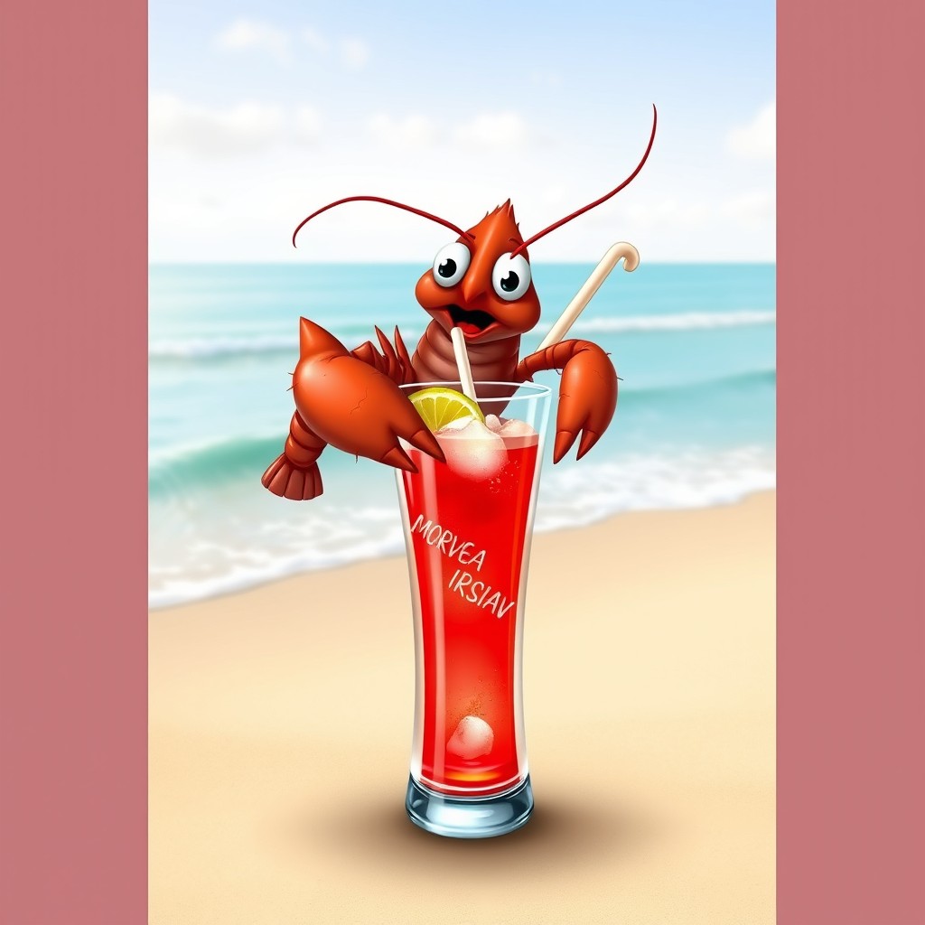 A whimsical depiction of a Norwegian lobster perched on the edge of a tall highball glass, expertly sipping a clear red cocktail with a straw