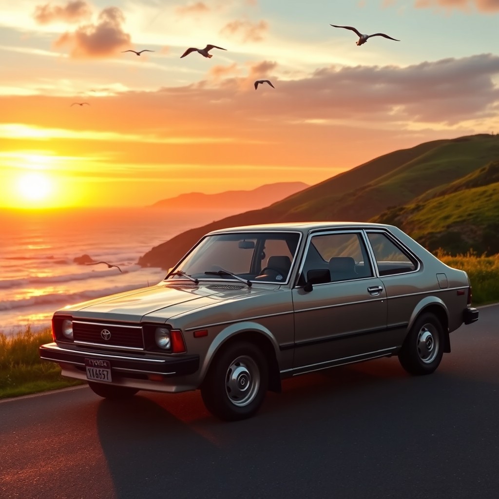 A vintage Toyota Tercel parked on a scenic coastal road during sunset