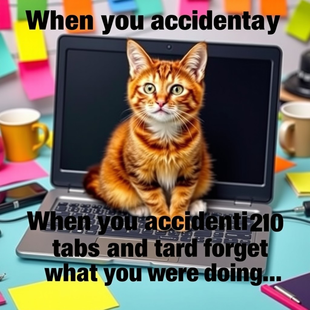 A vibrant and humorous meme depicting a funny cat sitting on a laptop keyboard, looking confused