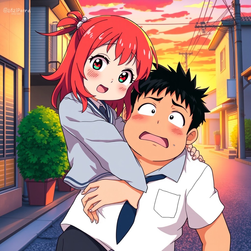 An anime-style scene featuring a red-haired schoolgirl with a flirtatious expression, accidentally falling onto a chubby male student