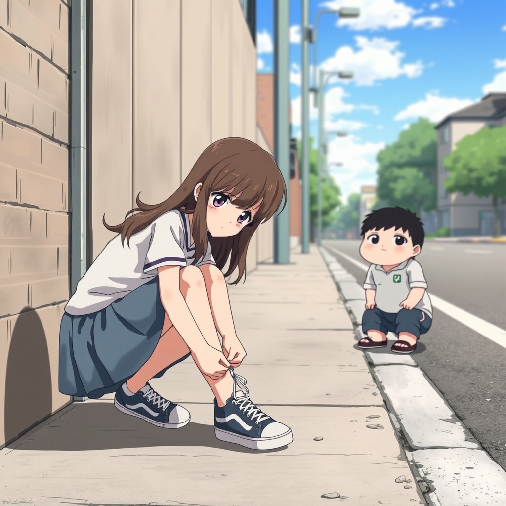 A scene of a girl crouching by the sidewalk tying her sneaker laces, with the wind gently lifting her skirt