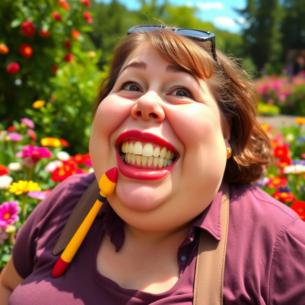 A plump woman with a prominent, wide mouth and uniquely styled teeth resembling small red-tipped yellow-handled garden tools