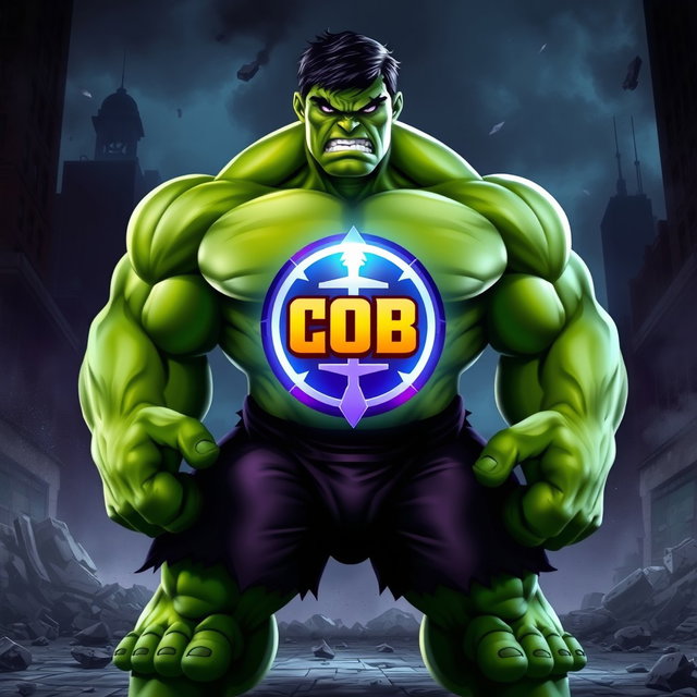 A powerful, muscular Hulk character with a bright and bold COB (Court of Brawl) emblem prominently displayed on his chest