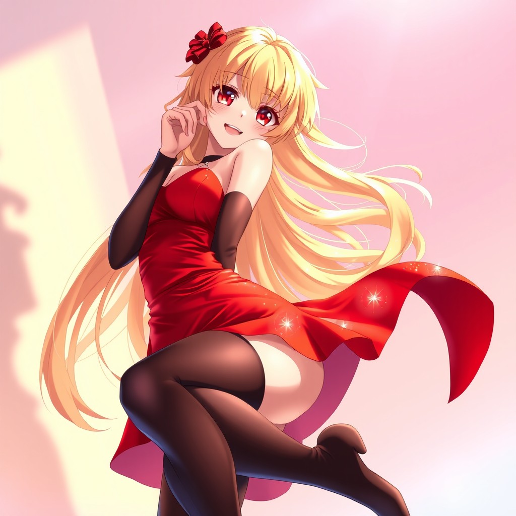 A stunning anime woman with vibrant blonde hair, wearing a fiery red dress that shimmers brightly